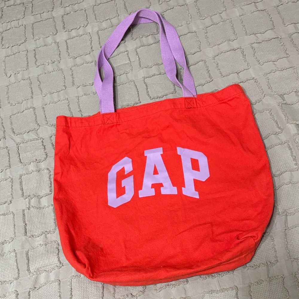New GAP Vibrant Orange Tote with Lavender Handles and Letters - Picture 1 of 7